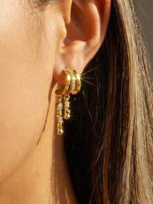 1pc Luxury Sparkling Rhinestone Geometric Round & Square Gold Beaded Tassel Earrings, Suitable For Women, Festive Party, Daily Wear, Carnival, Valentine's Day, Wedding, Back To School, Jewelry Gift - Multicolor - View 1