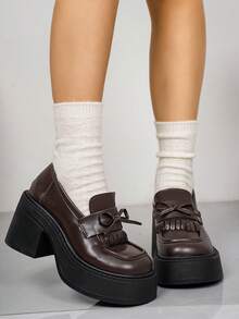 Nouvelles arrivées Femmes Mocassins décontractés de mi-talon noirs avec décoration de nœud papillon, convient pour l'école/le printemps, talons compensés - Tabac - Voir 3