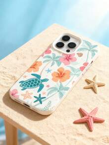 A Macaron Tropical Element Phone Case With Turtle Palm Flower Pattern Print Design, High-Quality And Gentle Summer Style Anti Fall, Dustproof And Waterproof Protective Cover Design, Suitable For IPhone 13/16/17/15/14/13/12/11 - Beige - View 4