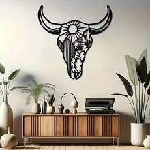 波西米亚长角牛壁饰 - 铸铁金属雕塑，饰以花卉图案，易于悬挂，适用于客厅、卧室、办公室，或作为完美的乔迁礼物，客厅装饰 | 波西米亚风格 - 黑色 - 查看 4