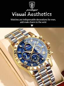 POEDAGAR 男士防水夜光不锈钢石英表，带礼盒，1 件装 - 藍色 - 查看 8