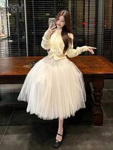 [Y6Y] Elegant Casual Women's A-Line Mid-Length Tulle Flared Skirt, Suitable For Spring/Summer Ethereal Goddess Outfit