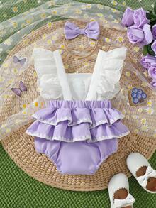 2件套女婴休闲日常可爱撞色编织白色镂空袖方领葡萄刺绣装饰拼接紫色3D蝴蝶结装饰连体衣和紫色蝴蝶结发带套装，夏季 - 淡紫色 - 查看 3
