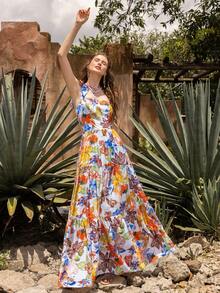 Faeriesty 优雅方领无袖长款连衣裙：露背印花连衣裙，侧边系带可调节，A字飘逸裙摆，复古植物图案遍布全身——完美适用于目的地婚礼宾客、波西米亚风新娘写真、花园婚礼、浪漫之旅、夏季户外度假等场合。 - 彩色 - 查看 5