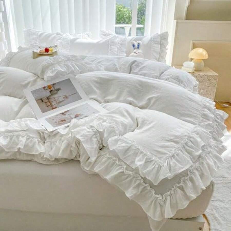 Lace Ruffle Duvet Cover 3 Pieces BeddingWhite Queen Duvet Cover Set With 2 Layers Ruffles Soft Brushed Microfiber Set With Zipper Closure Farmhouse Ruffled Duvet Cover Set - SolidWhite - Xem 1