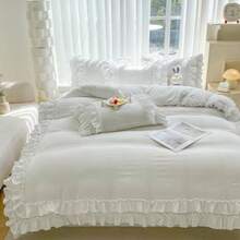 Lace Ruffle Duvet Cover 3 Pieces BeddingWhite Queen Duvet Cover Set With 2 Layers Ruffles Soft Brushed Microfiber Set With Zipper Closure Farmhouse Ruffled Duvet Cover Set - SolidWhite - Xem 3