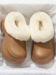 女士纯色户外EVA冬季无后跟头套拖鞋，厚底室内加绒低帮雪地靴，保暖舒适的家居鞋 - 卡其色 - 查看 13