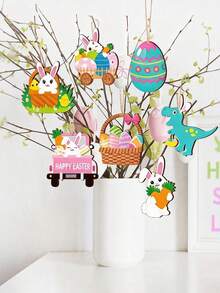 12/24pcs Easter Tree Decoration Set, Happy Easter Wooden Hanging Ornaments With Eggs And Rabbits, Gnomes And Chicks Wooden Pendants With Strings, Home Spring Party Decor Gifts (Rabbit Theme) - Multicolor - View 2