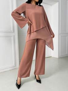 两件套纯色雪纺短袖优雅派对时尚套装 - 女士不规则套装 - 棕色 - 查看 5