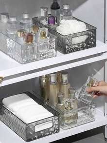 1个桌面收纳盒，透明波浪纹PET材质整理盒，化妆品及护肤品收纳篮，长方形置物架，房间装饰 - 無色 - 查看 1