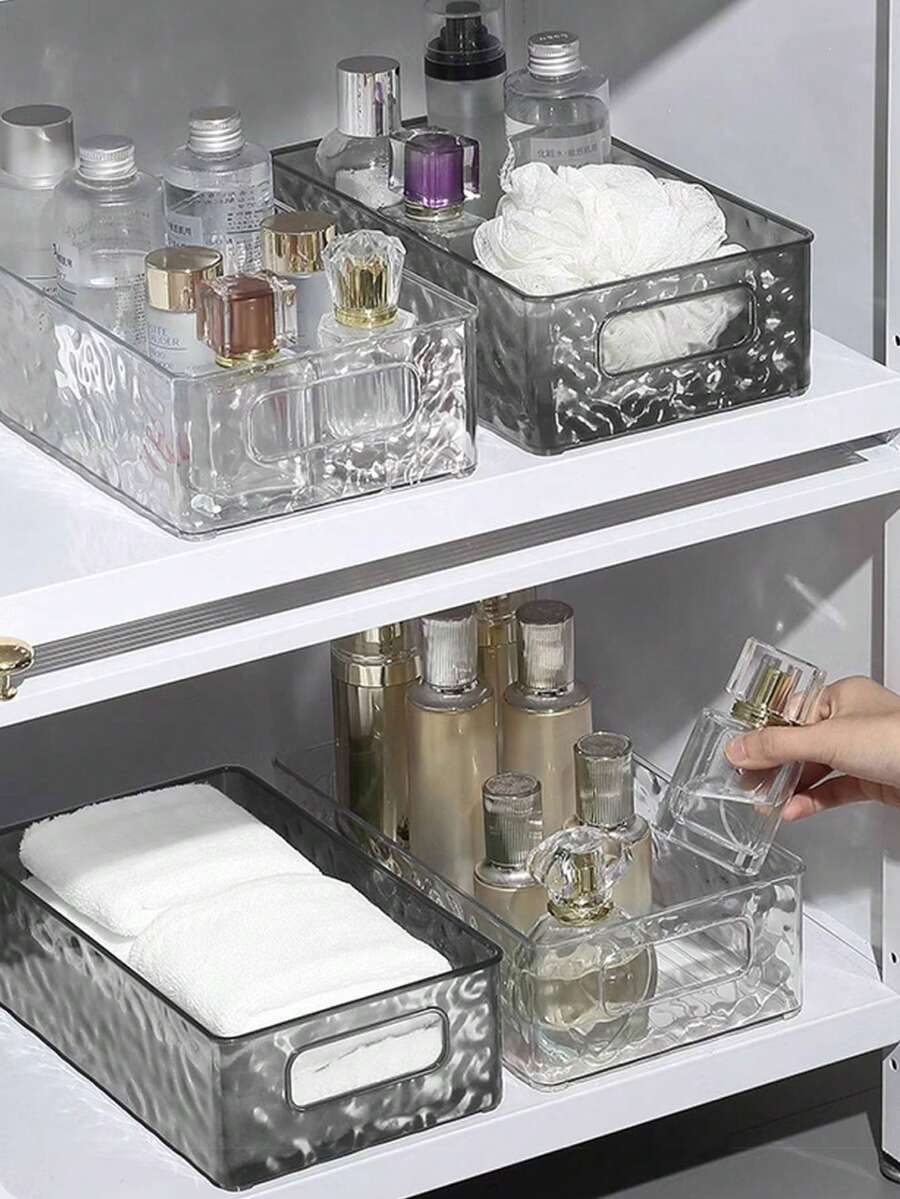 1个桌面收纳盒，透明波浪纹PET材质整理盒，化妆品及护肤品收纳篮，长方形置物架，房间装饰 - 無色 - 查看 1