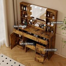 Farmhouse - Juego de Cambiador con Espejo Iluminado, Cambiador de Maquillaje Moderno de 56 Pulgadas con estación de Carga y estantes de Almacenamiento, Cambiador de recámara para Mujeres y - Marrón - Ver 4