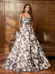 Faeriesty Vestido maxi de hombros abiertos elegante para mujer: Vestido ajustado con estampado floral, espalda cruzada, tirantes de espagueti y volantes escalonados en el bajo, con tirantes ajustables - Perfecto para sesión de fotos nupcial, invitada de boda de jardín, celebración de aniversario, escapada romántica, fiestas formales de primavera en interiores, color negro - Negro - Ver 3