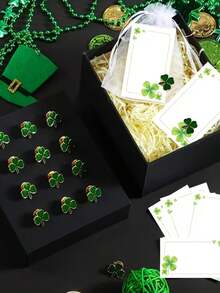 30pcs St. Patrick's Day Clover Badge Card Gift Set, Irish Holiday Good Luck Gifts, Includes 10 Clover Badges, 10 Greeting Cards And 10 Organza Bags. These Lucky Clover Pins Are Made Of Metal With Baked Enamel Finish, Perfect As Small Gifts For St. Patrick's Day Parties, Themed Parties, Birthday Parties And Team Appreciation Events. - Multicolor - View 3