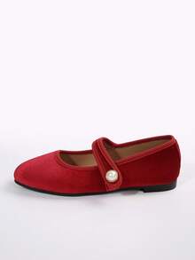 Sapatos femininos de bico quadrado, modelo Mary Jane, para primavera/outono, com tira e fivela de pérola sintética. Design minimalista e elegante em cores sólidas. - Vermelho - Ver 5