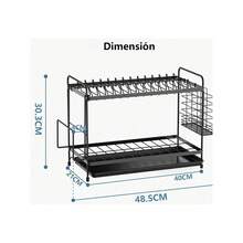 Escurridor de múltiples capas con bandeja de goteo, diseño que ahorra espacio, incluye soporte para cubiertos y tabla de cortar, adecuado para encimeras de cocina, color negro - Negro - Ver 3