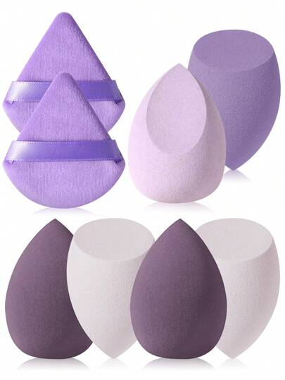 8PCS Makeup Tools Set: 6PCS Non-Absorbent Blending Sponges + 2PCS Soft Triangle Powder Puffs – Dry & Wet Dual-Use For Base & Setting Makeup