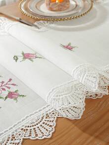 Taplak Meja Polos dari Poliester Linen dengan Bordir Bunga Mawar Merah Muda, Pinggiran Renda Rajutan Bergelombang Berbentuk Kipas Empat Sisi, Dekorasi Botani Vintage untuk Meja Makan, Meja Teh, Pernikahan, Rumah Pertanian, Dapur - MultiWarna - View 6