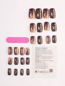 24片紫色斋月方形美甲贴片，紫色星空图案，3D金色浮雕星月纹样，神秘感十足，高端优雅，适合斋月佩戴，内含1片果冻胶和1个指甲锉。 - 紫色 - 查看 2