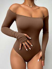 ChicMe Women's Off-Shoulder Fitted Jumpsuit Top, Long Sleeve T-Shirt With Thumb Hole Cuffs, Solid Color Casual Chic Basic Streetwear For Office, Party - Coffee Brown - View 1