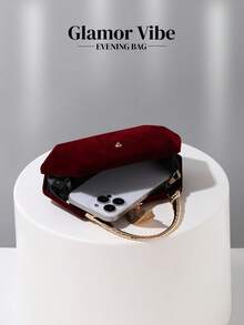 Glamor Vibe Elegant Velvet Evening Clutch Bag, Decorated With Gold Feathers, Suitable For Party Dresses, Vintage Style Velvet Handbag, Formal Occasion Evening Bag, Suitable For Ball, Wedding, Party, Cocktail Party, Birthday Party, As Birthday Gift, Bridal Clutch - Burgundy - View 8