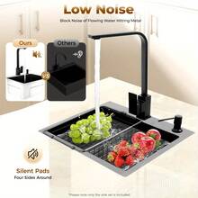 GDAE10 45 * 40 Black Diamond Spüle  + Ein Satz Abfluss + 34 * 23 Schwarzer Abflusskorb + Schwarzer Seifenspender + Schwarzer quadratischer Wasserhahn + 2 * Eckventil für die Küche zu Hause im Restaurant - Schwarz - Übersicht 3