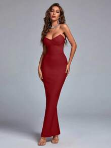 Bernatova Sexy Strapless Women Midi Long Rear Split Party Cocktail Evening Bandage Bodycon Dress For Birthday , Homecoming , Graduation , Wedding Guest , Dinner Party