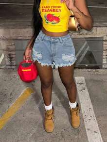 破洞牛仔短裤 - 女式低腰洗水牛仔裤 - 藍色 - 查看 2