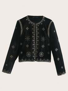 Chaqueta de terciopelo bordada vintage, negro para primavera/otoño - Negro - Ver 1