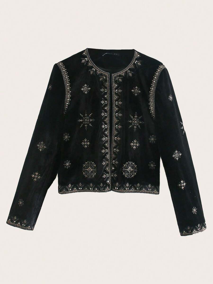 Chaqueta de terciopelo bordada vintage, negro para primavera/otoño - Negro - Ver 1
