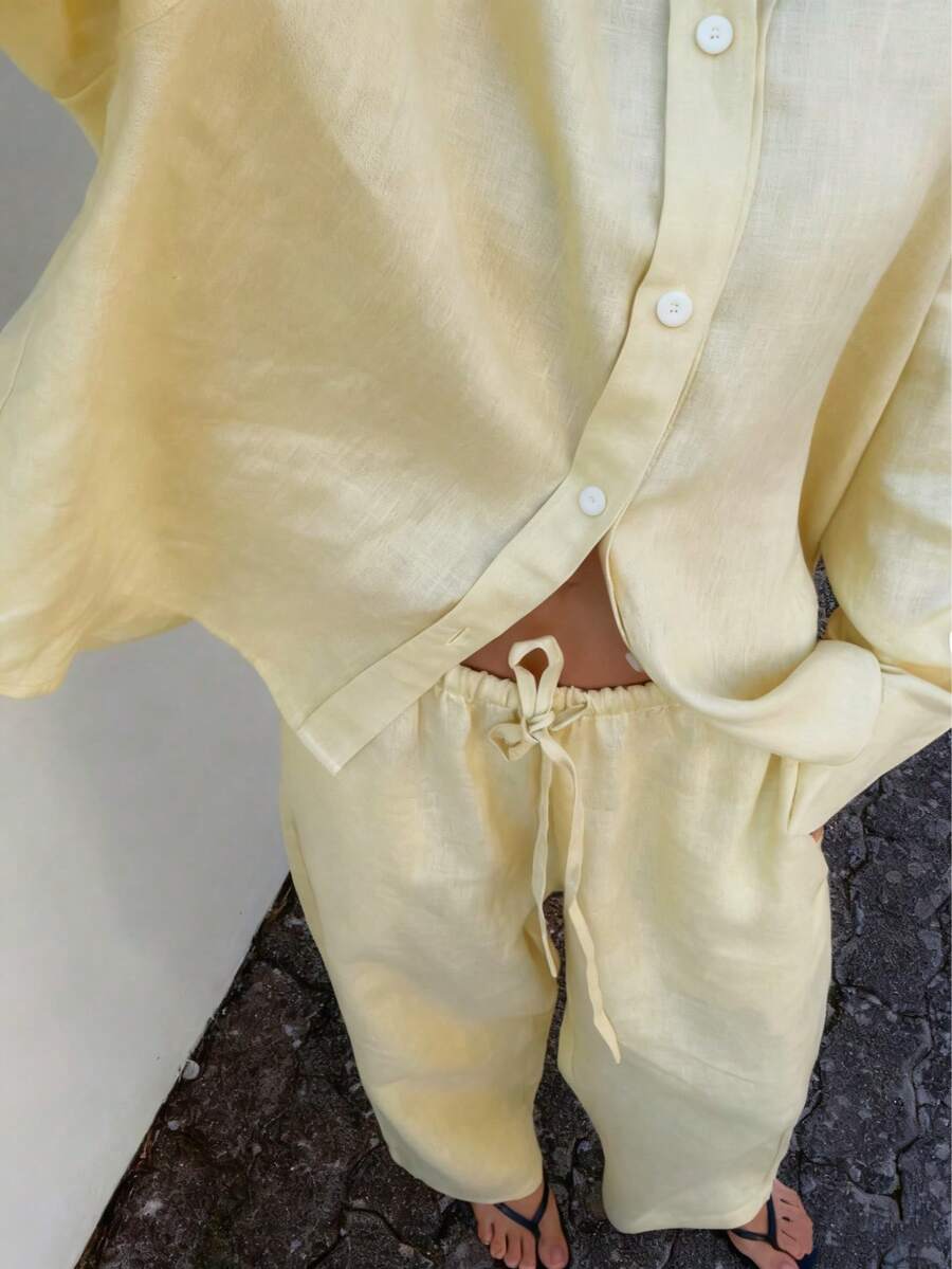 2pcs/Set Women Lightweight Breathable Flowy Wide Leg Pants + Loose Short Blouse, Elegant Vacation Style Spring - Light Yellow - View 1