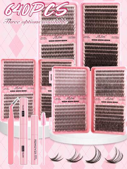 640pcs D-Curl Fluffy False Eyelashes Set, Includes Eyelash Glue, Tweezer, Mascara Brush, Magnifying Lashes, Lightweight & Reusable, Large Capacity Individual Lashes, Soft & Natural Mixed Lashes For 3D Voluminous Eye Makeup