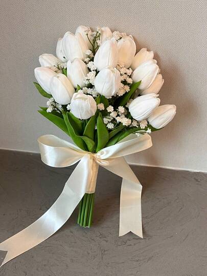 White Tulip And Calla Lily Artificial Flower Bouquet, Bridesmaid Bouquet For Wedding, Bridal Bouquet, Wedding, Ceremony, Anniversary, Fake Flower Spring Home Decor, Photography Props, Centerpiece, Party Table Decor, Holiday Decoration, Easter Gift, Birthday, Graduation