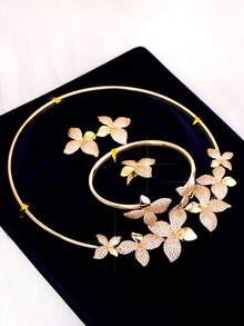 LIGHTSOME Set de 4 piezas: Collar de flor de circonita completa de lujo con pulsera, anillo abierto, aretes. Conjunto de joyas de charm choker de cobre con circonita para mujer, regalo para el Día de San Valentín - Conjunto de joyas - Ver 8