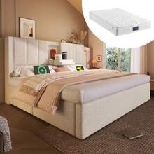 Upholstered Bed 140x200 Cm Double Bed With Hidden Cup Holder & Charging Station, Hydraulic Bed With Storage Space Under The Bed, Incl. Slatted Frame, Linen Beige (With Mattress) - White - View 5
