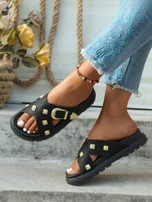 Women's Casual Slip-On Beach Slippers For Daily Wear - Black - View 2