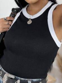 Regata Feminina Bicolor Casual Basica Verão Carnaval Tecido Ribana - Preto e Branco - Visão 2