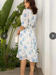 Elegant Floral Midi Dress, Conservative/Modest Vintage Chiffon, Button-Down Front, Button Fashion, Modest, Holiday, Wedding, Vacation, Summer - azul claro - 查看 2