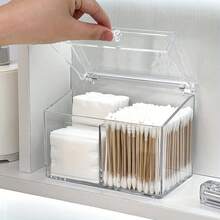 1 pezzo Scatola portaoggetti per cotton fioc, Scatola portafazzoletti da trucco in acrilico per salone di bellezza, Scatola per il tavolo da toeletta, Scatola portafazzoletti struccanti, In plastica trasparente, 3 scomparti, Con coperchio antipolvere - Multicolore - Visualizzare 5