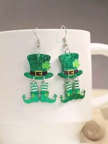 2D 平面女士圣帕特里克节耳环/1对幸运三叶草爱尔兰幸运符，饰有绿色高顶礼帽和四叶草图案，适合派对、婚礼、日常佩戴/优雅礼物，垂坠耳环