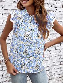 Women's Summer Pink & Multi-Color Abstract Print High Neck Ruffle Sleeve Blouse - Blue - View 9