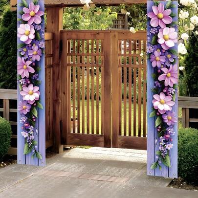2pcs Floral Design Couple's Couplet Door Flags, Decorative Flags For Porch, Spring Theme, Suitable For Home, Door, Party And Outdoor Decor - No Power Needed, 365 Days Decoration, Garden Decor