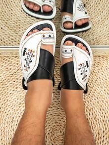 Men's Flat Comfortable Arabic Style Slippers, Black And White Middle Eastern Sandals - White Black - View 3