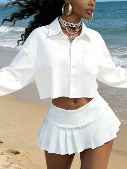 Women's Long Sleeve Cropped Shirt, Solid Color Blouse, Essential For Fashion Enthusiasts, 2026 New Arrival