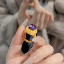 1pc Luxury Gold-Plated Purple Zirconia Ring, Elegant Wedding Band Jewelry For Women - Gold - View 2