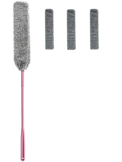 1pc Pink Duster With 4 Replacement Cloths, Extendable Handle, Bendable Ultra-Fine Fiber Duster Head, Washable, For Cleaning Furniture Bottoms