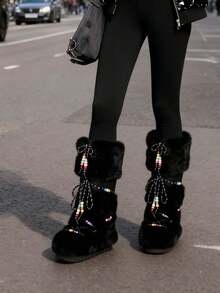 Faux Fur Boots For Women Winter Snow Boots Platform Lace Up Round Toe Boots Warm Snow Shoes Fluffy Winter Boots - 黑色2 - 查看 4