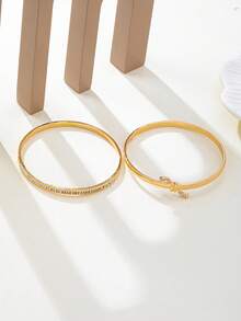 2pcs Vintage French Rhinestone Bow Bangle Bracelet Set, For Women, Suitable For Valentine's Day, Daily Wear, And Dates - Yellow Gold - View 5