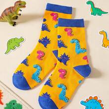 3 Pairs Men's Dinosaur Pattern Mid-Calf Socks, Cute & Adorable, Fashionable - Yellow - View 2