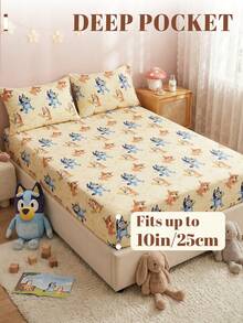 Bluey 1件装布鲁伊主题床笠，床上用品，床垫保护套，床罩，床单，舒适家纺，透气防起球床垫保护套，布鲁伊小爱心主题，卡通床罩，家居装饰，卧室宿舍装饰床罩，适用于所有尺寸的床 - 单人床、双人床、大号床、特大号床，四季皆宜，可机洗，防尘防滑，不含枕头和枕套，完美的节日礼物，房间装饰 - 彩色 - 查看 5